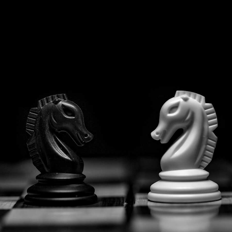 Chess knights facing each other, symbolizing strategy