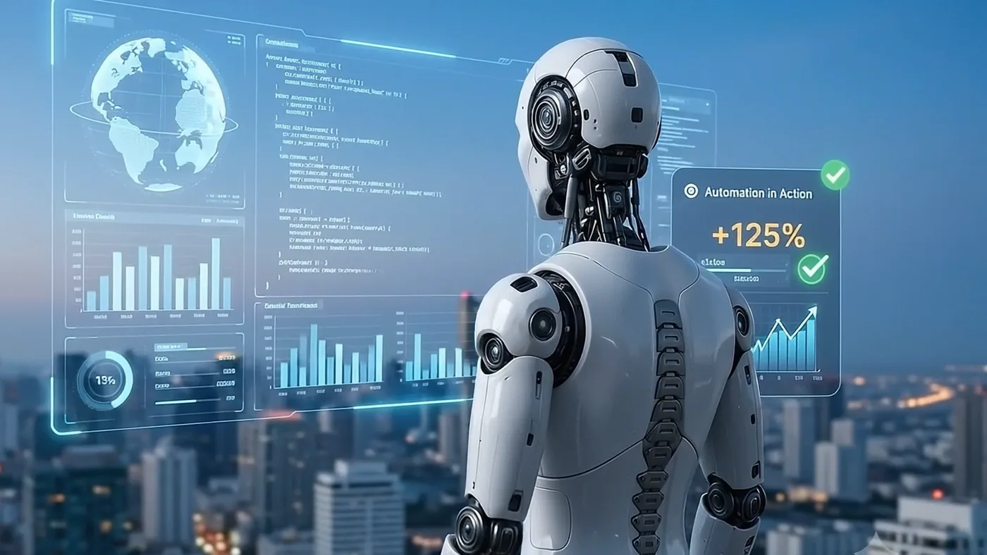 AXAON AI robot analyzing a holographic automation and analytics dashboard above a city skyline